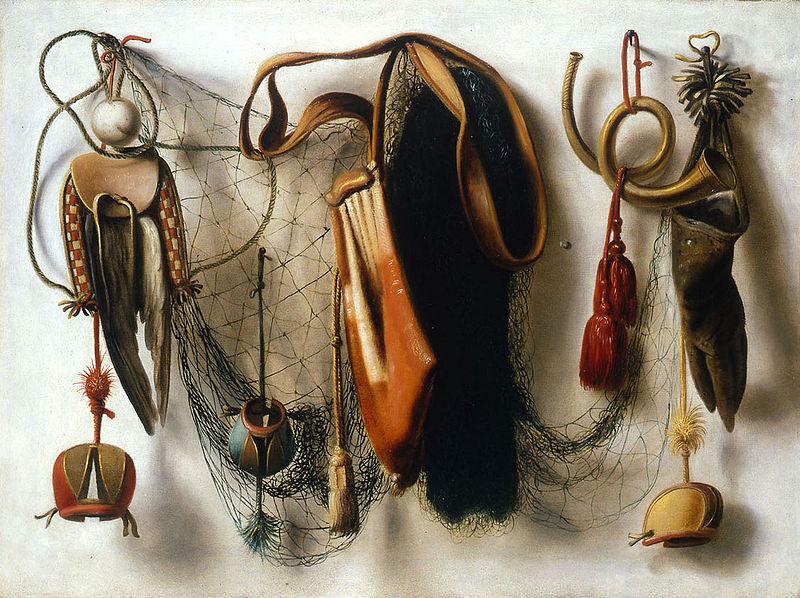 Christoffel Pierson A Trompe l'Oeil of Hawking Equipment, including a Glove, a Net and Falconry Hoods, hanging on a Wall. oil painting image